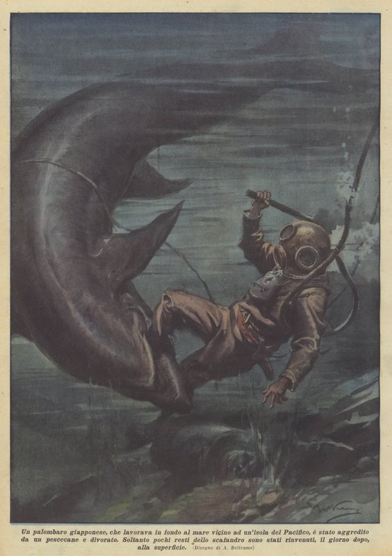 Ein japanischer Taucher, der am Meeresgrund in der Nähe einer Pazifikinsel arbeitete von Achille Beltrame