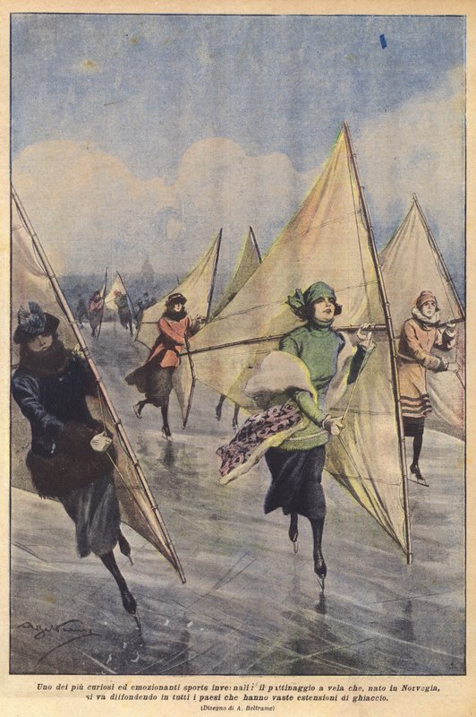 Einer der kuriosesten und aufregendsten Wintersportarten, das Segelschlittschuhlaufen, das in Norwegen entstand von Achille Beltrame