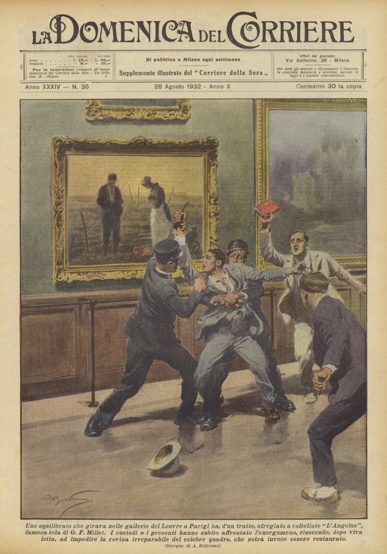 Ein Verrückter, der in den Galerien des Louvre in Paris umherging, hat plötzlich? von Achille Beltrame