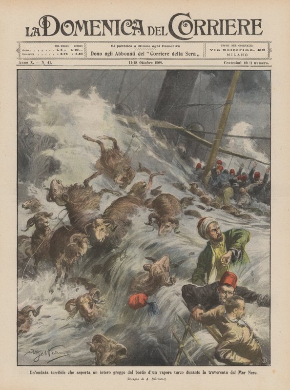 Eine schreckliche Welle reißt eine ganze Schafherde vom Rand eines türkischen Dampfers während der Überfahrt über das Schwarze Meer von Achille Beltrame