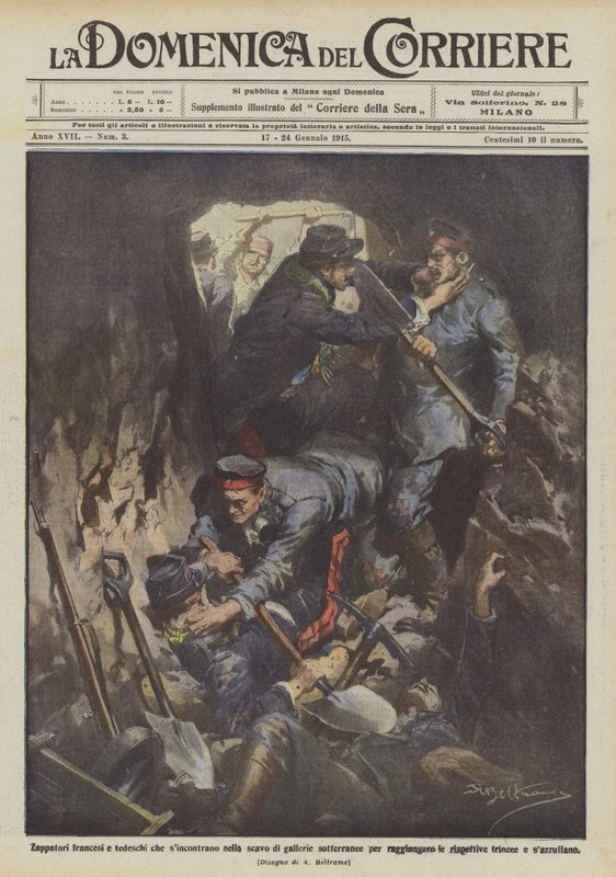 Französische und deutsche Pioniere treffen sich beim Graben von unterirdischen Tunneln von Achille Beltrame