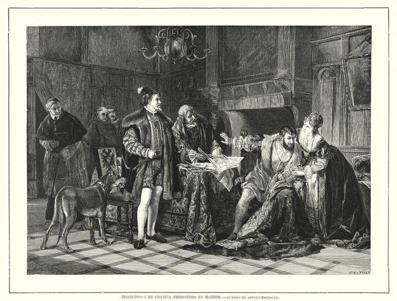 König Franz I. von Frankreich in Mailand nach seiner Niederlage in der Schlacht von Pavia gefangen von Adolph (after) Treidler