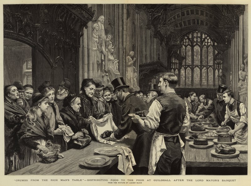 Krümel vom Tisch des Reichen, Verteilung von Essen an die Armen in der Guildhall nach dem Bankett des Lord Mayor von Adrien Emmanuel Marie