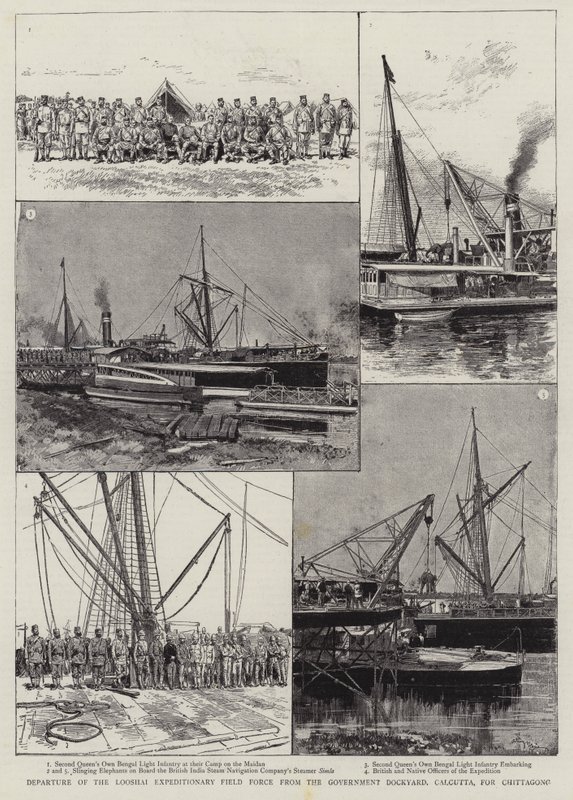 Abreise der Looshai-Expeditionsstreitkräfte vom Regierungshafen, Kalkutta, nach Chittagong von Adrien Emmanuel Marie