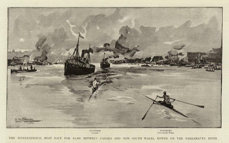 Das internationale Bootsrennen um £1.000 zwischen Kanada und New South Wales, auf dem Parramatta River von Albert Henry Fullwood