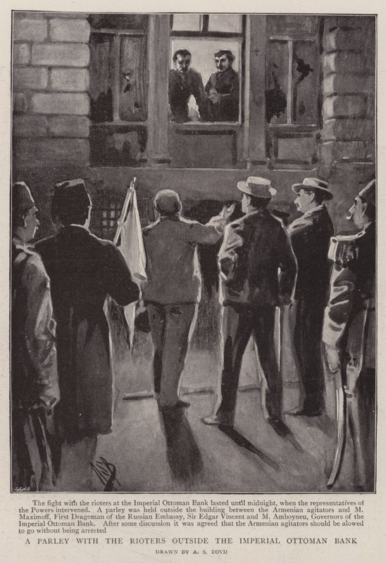 Eine Unterredung mit den Aufständischen vor der Imperial Ottoman Bank von Alexander Stuart Boyd