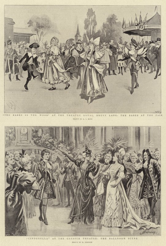 Die Kinder im Wald im Theatre Royal, Drury Lane, die Kinder auf dem Jahrmarkt, Aschenputtel im Garrick Theatre, die Ballszene von Alexander Stuart Boyd