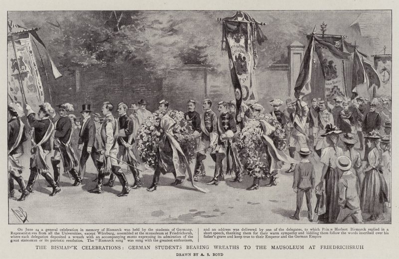 Die Bismarck-Feiern, deutsche Studenten tragen Kränze zum Mausoleum in Friedrichsruh von Alexander Stuart Boyd