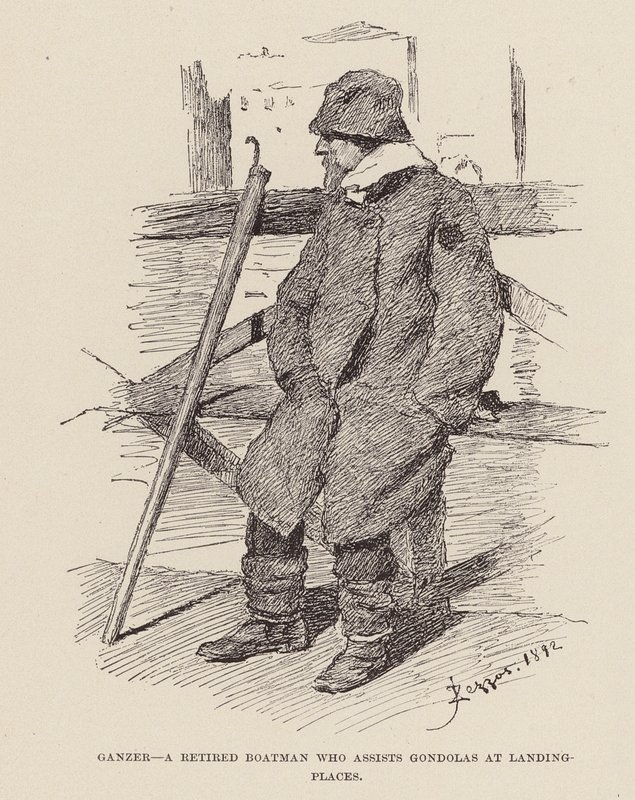 Ganzer, Ein pensionierter Bootsmann, der Gondeln an Landungsplätzen hilft (Gravur) von Alezzandro Zezzos