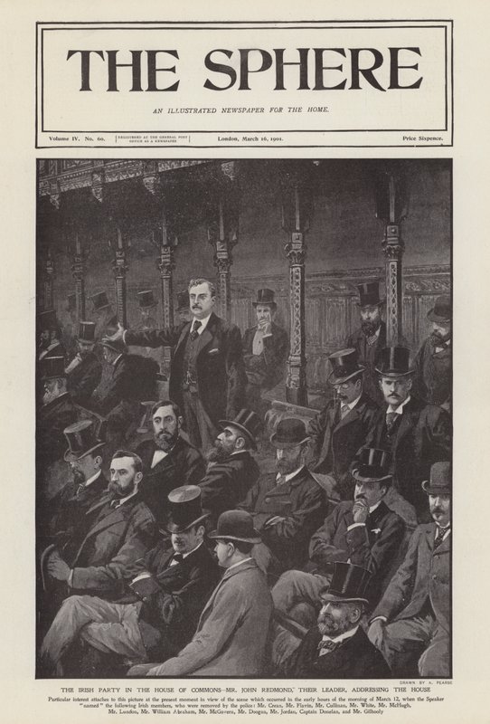 Der irische Abgeordnete John Redmond spricht im Unterhaus von Alfred (after) Pearse