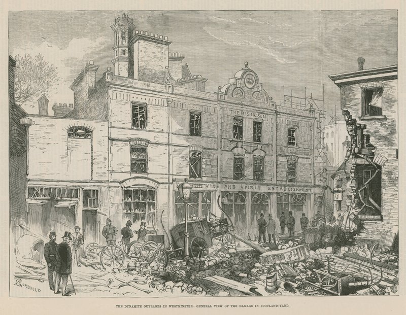 Die Dynamitanschläge in Westminster; Gesamtansicht des Schadens in Scotland Yard von Alfred Chantrey Corbould