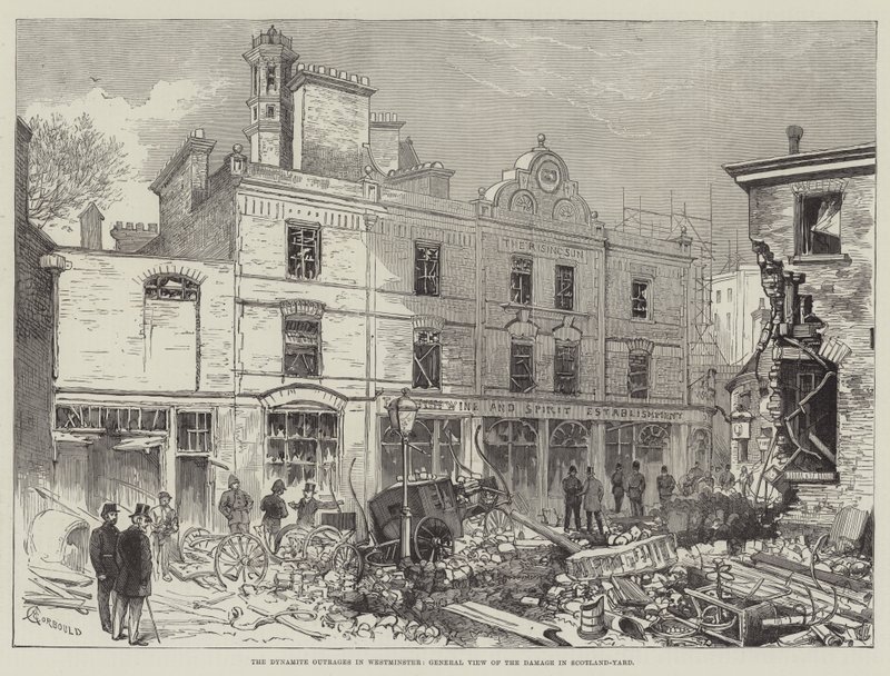 Die Dynamitanschläge in Westminster, Gesamtansicht des Schadens in Scotland-Yard von Alfred Courbould