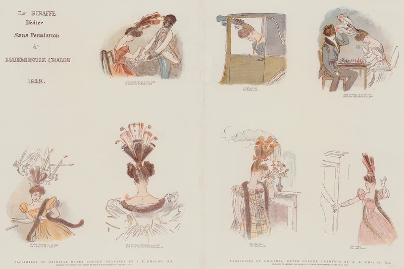 Faksimiles von Original-Aquarellzeichnungen, entworfen, um die Mode in weiblichen Kopfbedeckungen des Jahres 1828 zu satirisieren von Alfred Edward Chalon