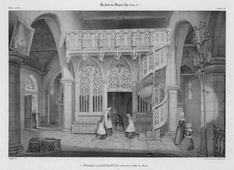 Geschnitztes hölzernes Chorgestühl der Kapelle Notre Dame de Lambader, Plouvorn, Bretagne, Frankreich von Alfred Guesdon