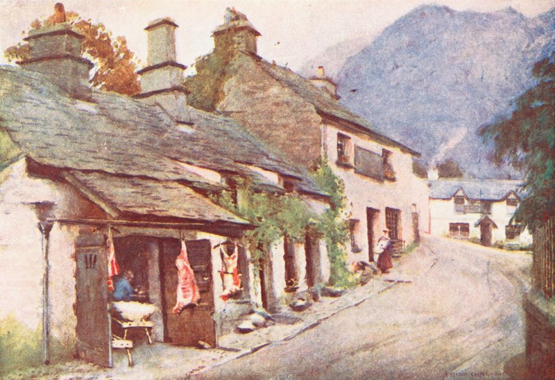 Lake District: Coniston Village, der alte Metzgerladen (Farblithographie) von Alfred Heaton Cooper