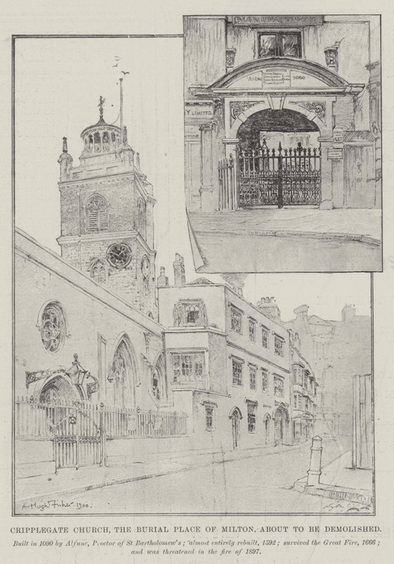 Cripplegate Church, die Begräbnisstätte von Milton, kurz vor dem Abriss von Alfred Hugh Fisher
