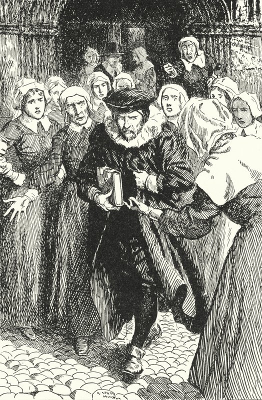 Der schottische Priester William Annand wird von den Frauen Edinburghs verurteilt, weil er aus dem neuen Gebetbuch in der St. Giles Kathedrale predigt, 1637 von Alfred Wallis Mills