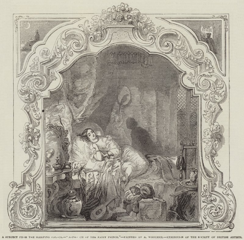 Ein Motiv aus dem Schlafenden Palast, Annäherung des Märchenprinzen, Ausstellung der Society of British Artists von Alfred Woolmer