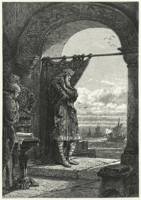 Karl der Große beobachtet besorgt das Herannahen von Schiffen mit normannischen Plünderern von Alphonse Marie de (after) Neuville