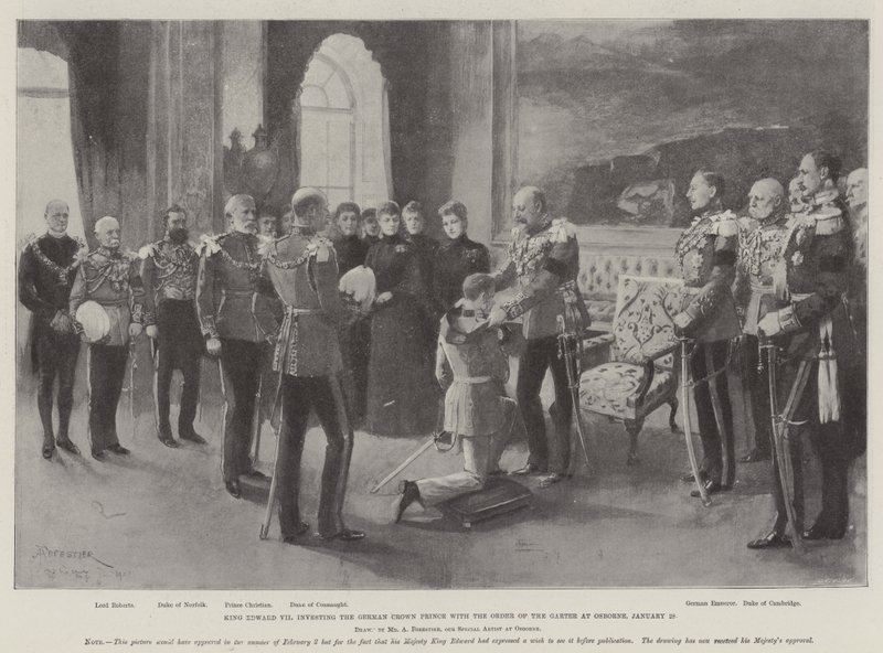 König Edward VII. verleiht dem deutschen Kronprinzen den Hosenbandorden in Osborne, 28. Januar von Amedee Forestier