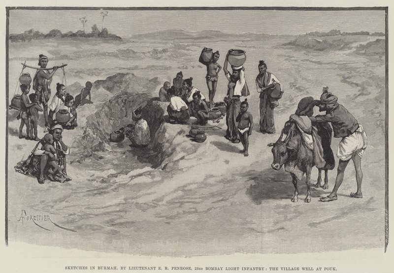 Skizzen in Burma, von Leutnant E. R. Penrose, 23. Bombay Light Infantry, der Dorfbrunnen in Pouk von Amedee Forestier