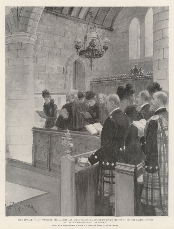 König Edward VII in Balmoral, Seine Majestät und Königin Alexandra besuchen den Gottesdienst in der Crathie Parish Church am Morgen des Sonntags, 6. Oktober von Amedee Forestier