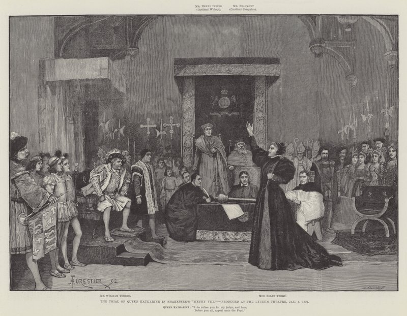 Der Prozess von Königin Katharina in Shakespeares Heinrich VIII, produziert im Lyceum Theatre, 5. Januar 1892 von Amedee Forestier