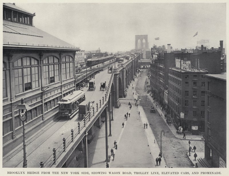 Brooklyn Bridge von der New Yorker Seite, zeigt Wagenstraße, Straßenbahnlinie, Hochbahnwagen und Promenade von American Photographer