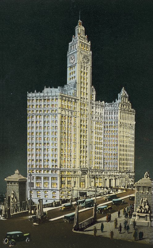 Das Wrigley Building, Süd- und Nordteil, bei Nacht von American Photographer