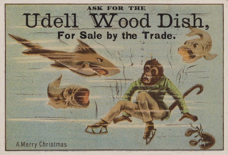 Fröhliche Weihnachten, Werbekarte für Udell-Holzgeschirr von American School