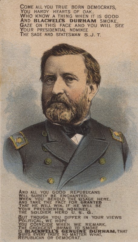 Amerikanischer Soldat und Politiker Ulysses S. Grant, Werbekarte für Blackwell Durham Bull Tobacco, 1870er Jahre von American School