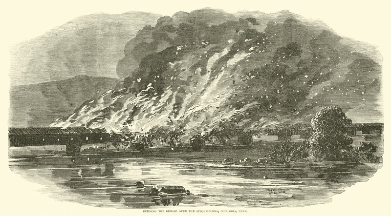 Verbrennung der Brücke über den Susquehanna, Columbia, Penn, Juni 1863 von American School