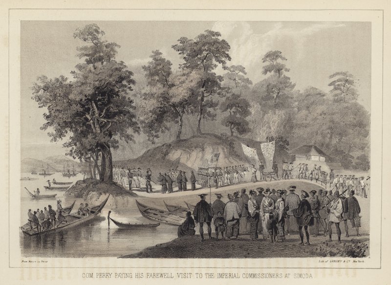 Commodore Perry verabschiedet sich von den kaiserlichen Kommissaren in Simoda, Japan von American School