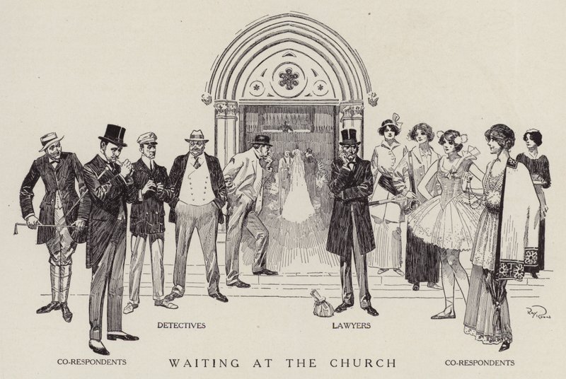 Detektive, Anwälte und Mitbeteiligte warten darauf, dass eine kirchliche Hochzeit endet von American School