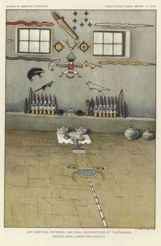 Trockengemälde, Fetische und Wanddekorationen von Thlewekwe (Schwertschlucker-Bruderschaft) von American School