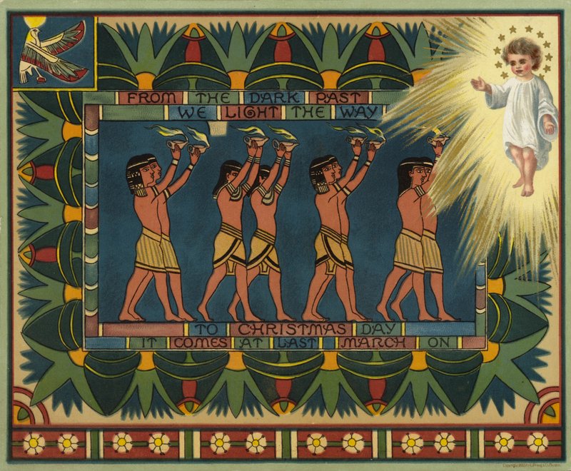 Weihnachtskarte im ägyptischen Stil, die zeigt, wie die Vergangenheit zu Jesus Christus führte von American School
