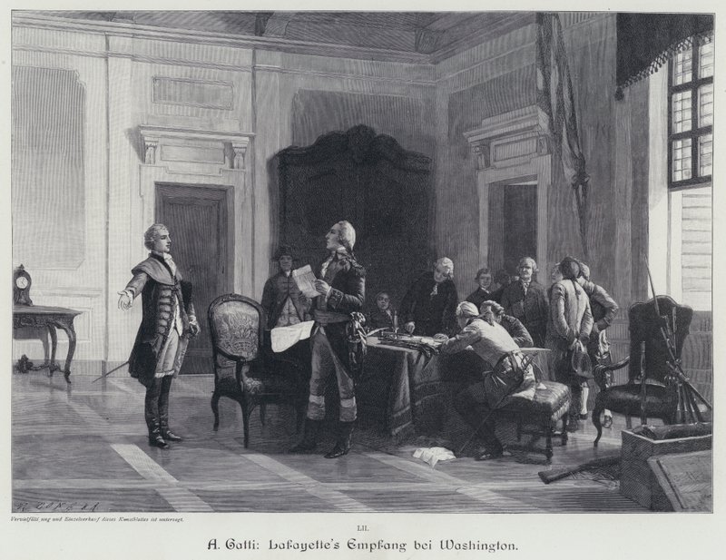George Washington begrüßt den Marquis de Lafayette (Gravur) von American School