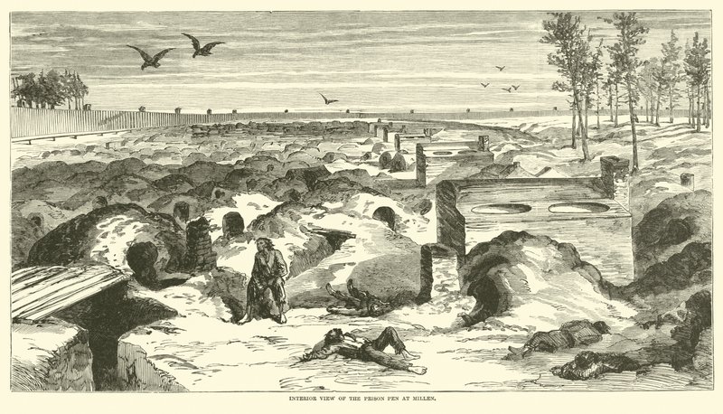 Innenansicht des Gefängnishofs in Millen, November 1864 von American School