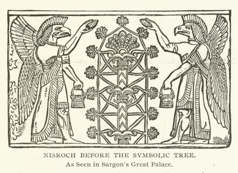 Nisroch vor dem symbolischen Baum, wie im Großen Palast von Sargon zu sehen von American School