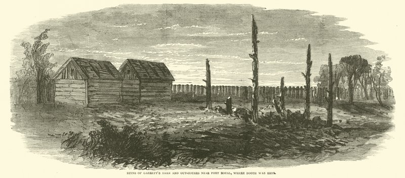 Ruinen von Garretts Scheune und Nebengebäuden in der Nähe von Port Royal, wo Booth erschossen wurde, April 1865 von American School