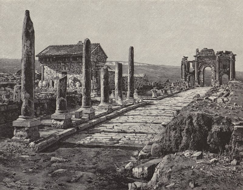 Ruinen der römisch-berberischen Stadt Timgad (altes Thamugas), Algerien (Gravur) von American School