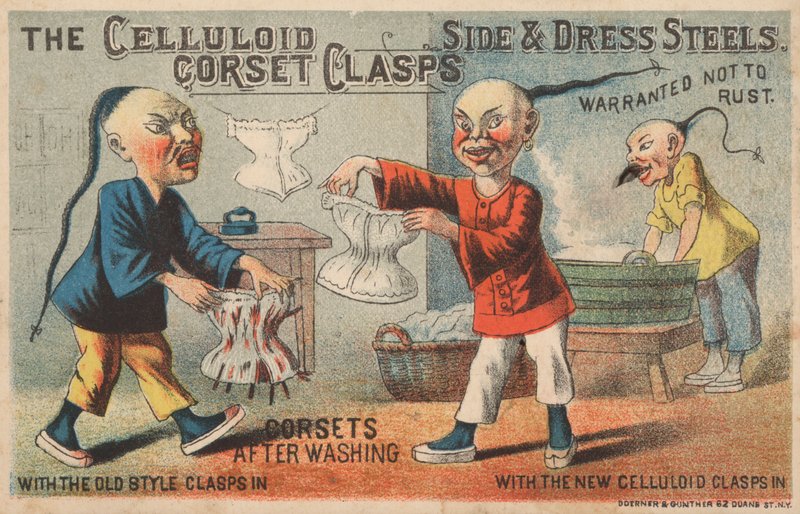 Szene in einer chinesischen Wäscherei, Werbung für Celluloid-Korsettverschlüsse von American School