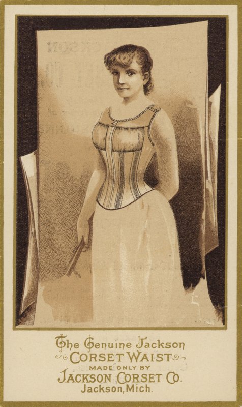 Sepia-Fotografie einer Dame im Korsett von American School