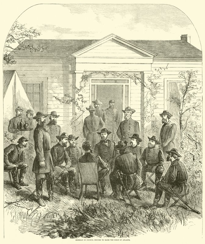 Sherman im Rat beschließt die Belagerung von Atlanta aufzuheben, Juli 1864 von American School