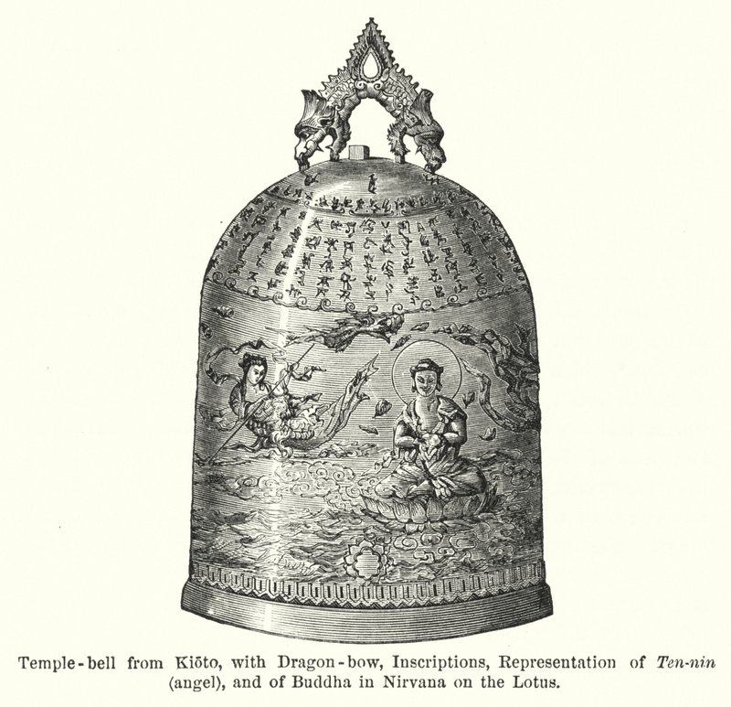 Tempelglocke aus Kioto, mit Drachenbogen, Inschriften, Darstellung von Ten-nin, Engel, und von Buddha im Nirvana auf der Lotusblume (Gravur) von American School
