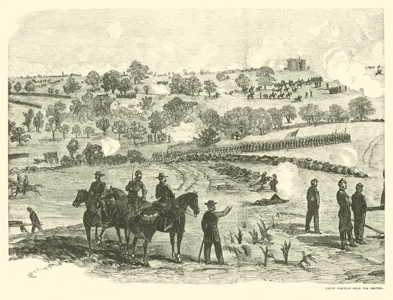 Union-Position nahe dem Zentrum, Schlacht von Gettysburg, 2. Juli, Juli 1863 von American School