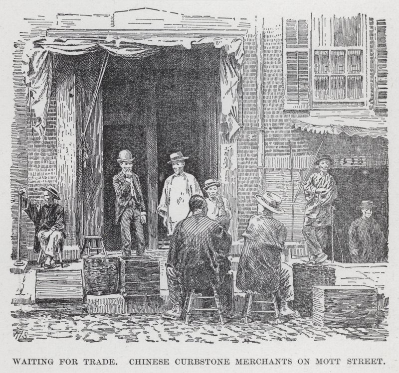 Warten auf Handel, chinesische Bordstein-Händler in der Mott Street von American School