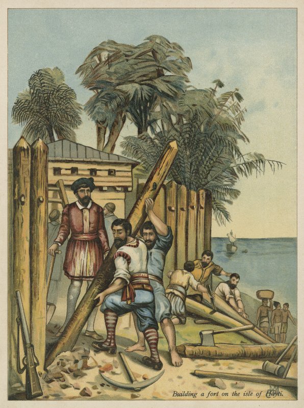 Kolumbus baut ein Fort in Haiti (Chromolithographie) von Andrew Melrose