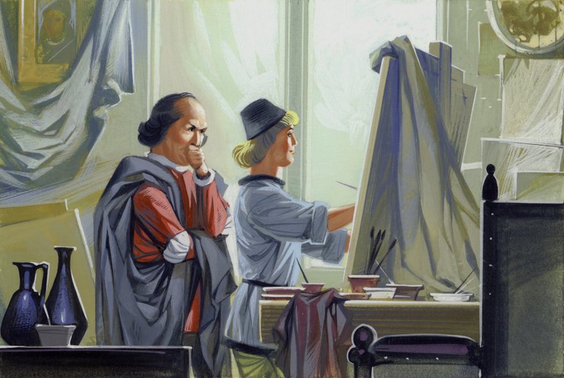 Ein junger Leonardo Da Vinci hilft seinem Meister Verrocchio bei der Taufe Christi von Angus McBride