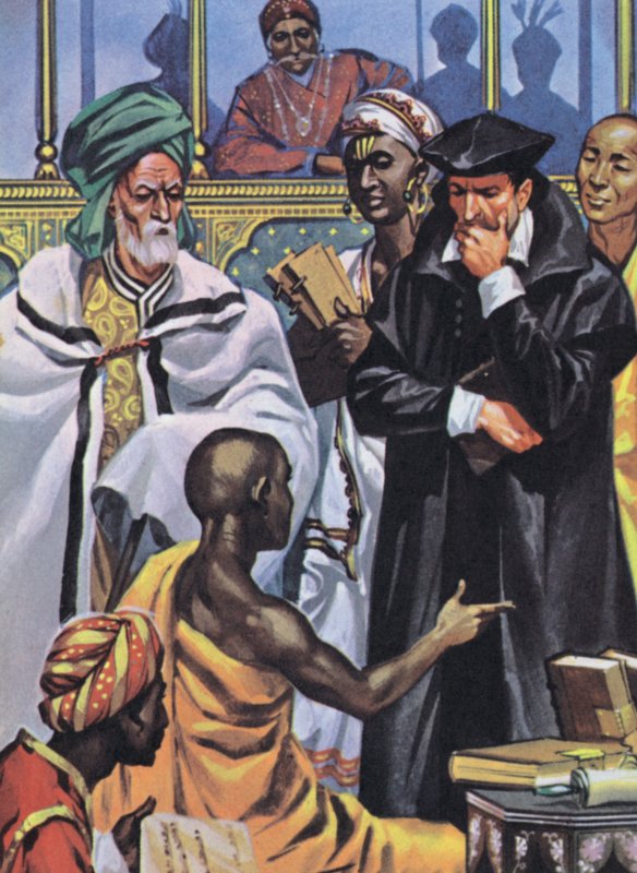 Ideen, die im Parlament der Religionen von Akbar diskutiert werden von Angus McBride
